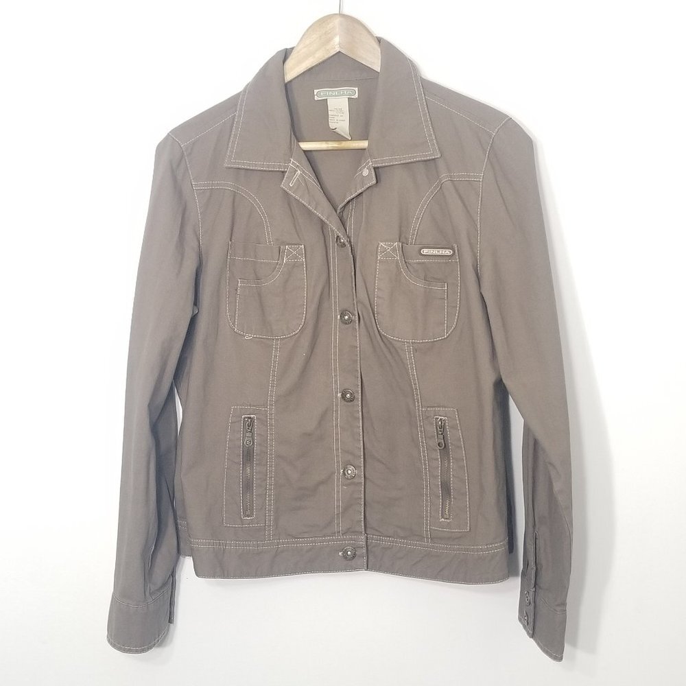 FINLHA Brown 100% Cotton Button Front Zipper Pockets Light Jacket Size Medium